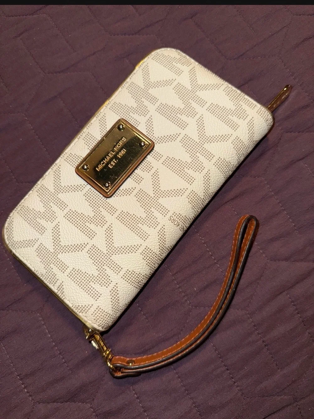 Michael Kors Cream Logo Zip Wristlet with Tan Strap and Gold Hardware